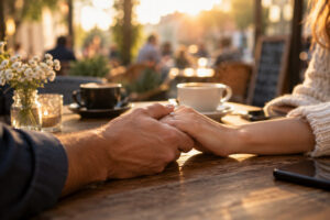 Rencontre sérieuse autour d'un café entre deux adultes