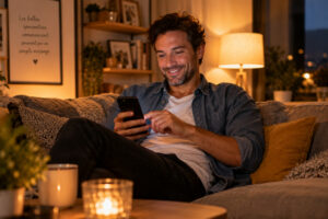 Parent célibataire consultant un site de rencontre le soir après le coucher des enfants