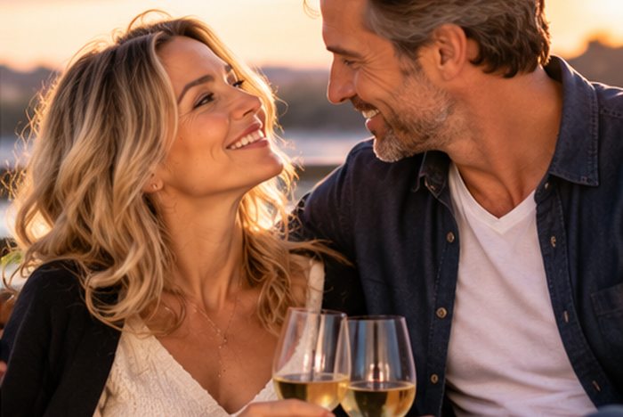 Couple de quinquagénaires complices autour d’un verre au coucher du soleil