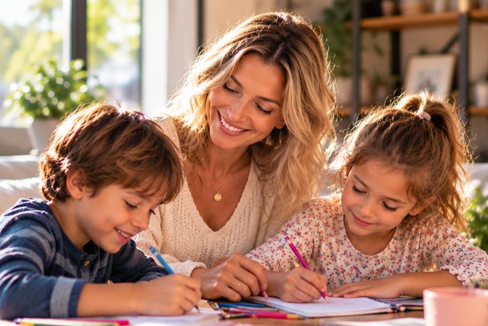 Mère célibataire qui aide ses enfants à faire leurs devoirs à la maison