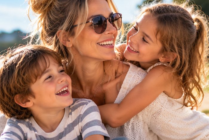 Maman solo complice avec ses deux enfants au soleil